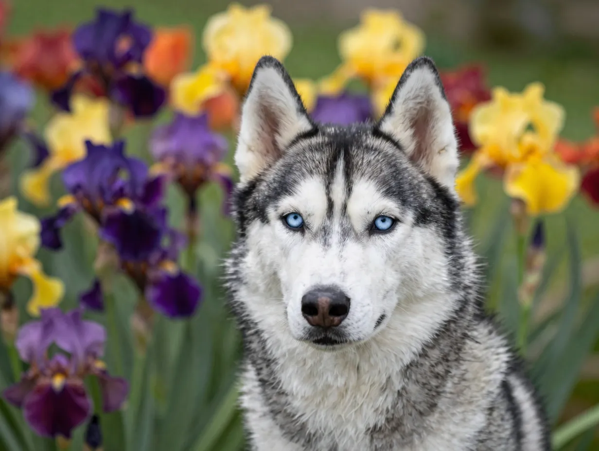 Intelligent siberian husky with blue eyes named iris in rainbow garden
