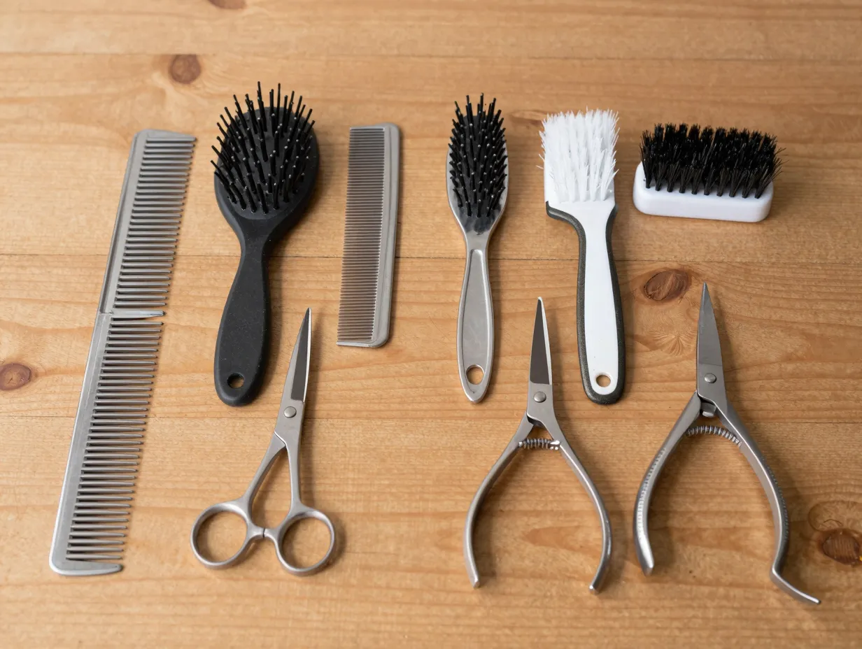 Complete grooming kit tools arranged on a wooden table