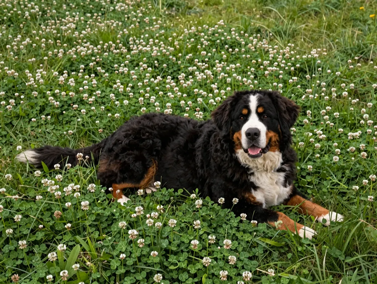 Easygoing bernese mountain dog relaxing in clover patch