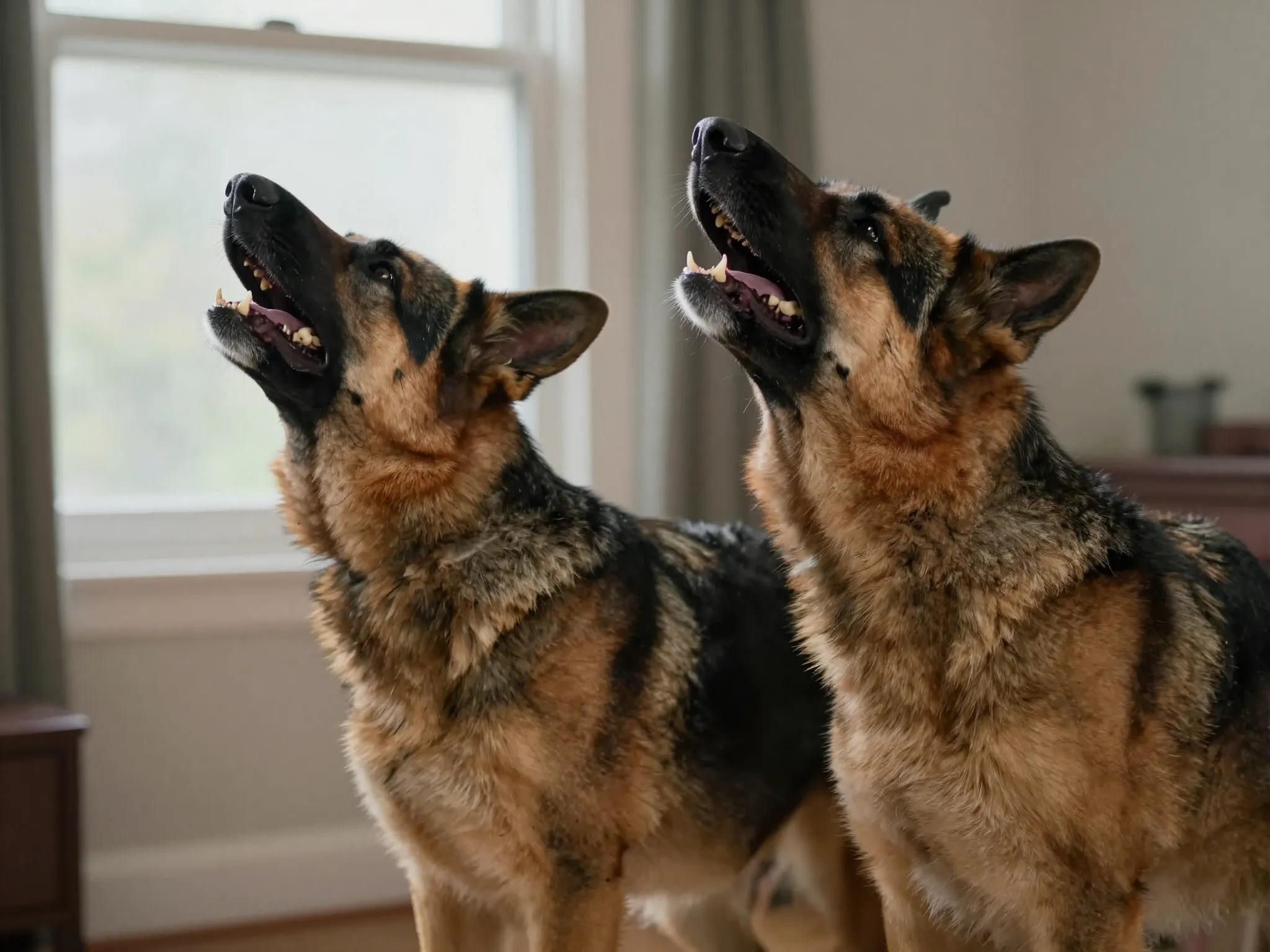 German shepherd howling in response to a sounding siren outside