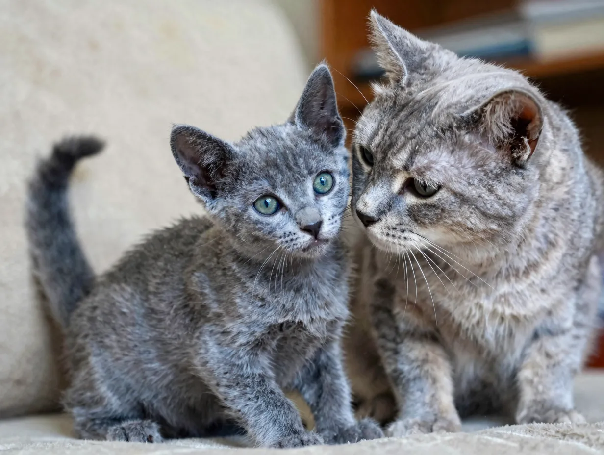 13 week old russian blue kitten with mother in home environment