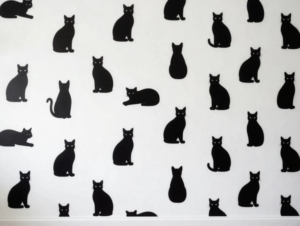 Black cat silhouette repeat pattern on white minimalist accent wall
