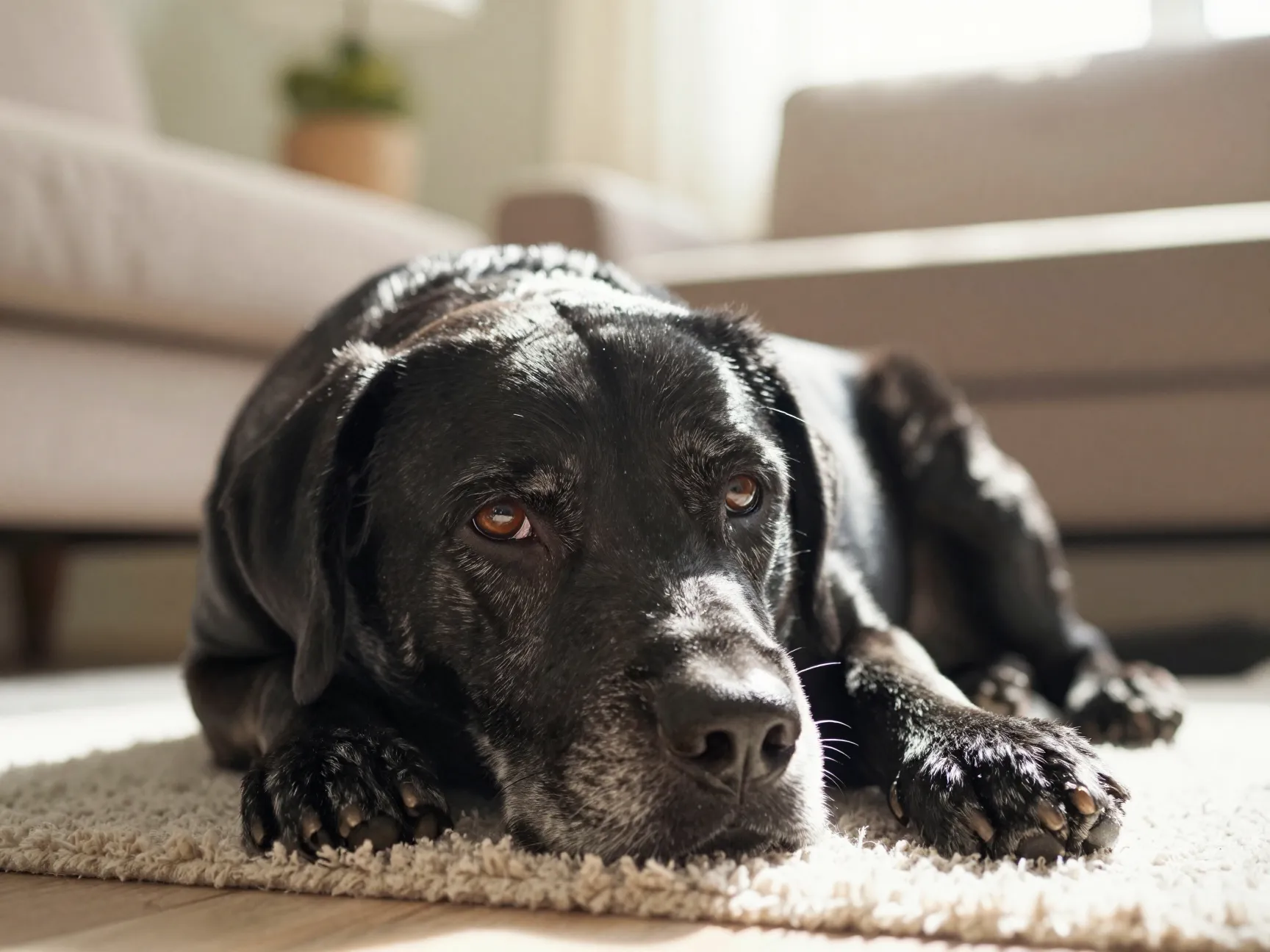 Senior healthy labrabull dog resting contentedly in sunlit family living room