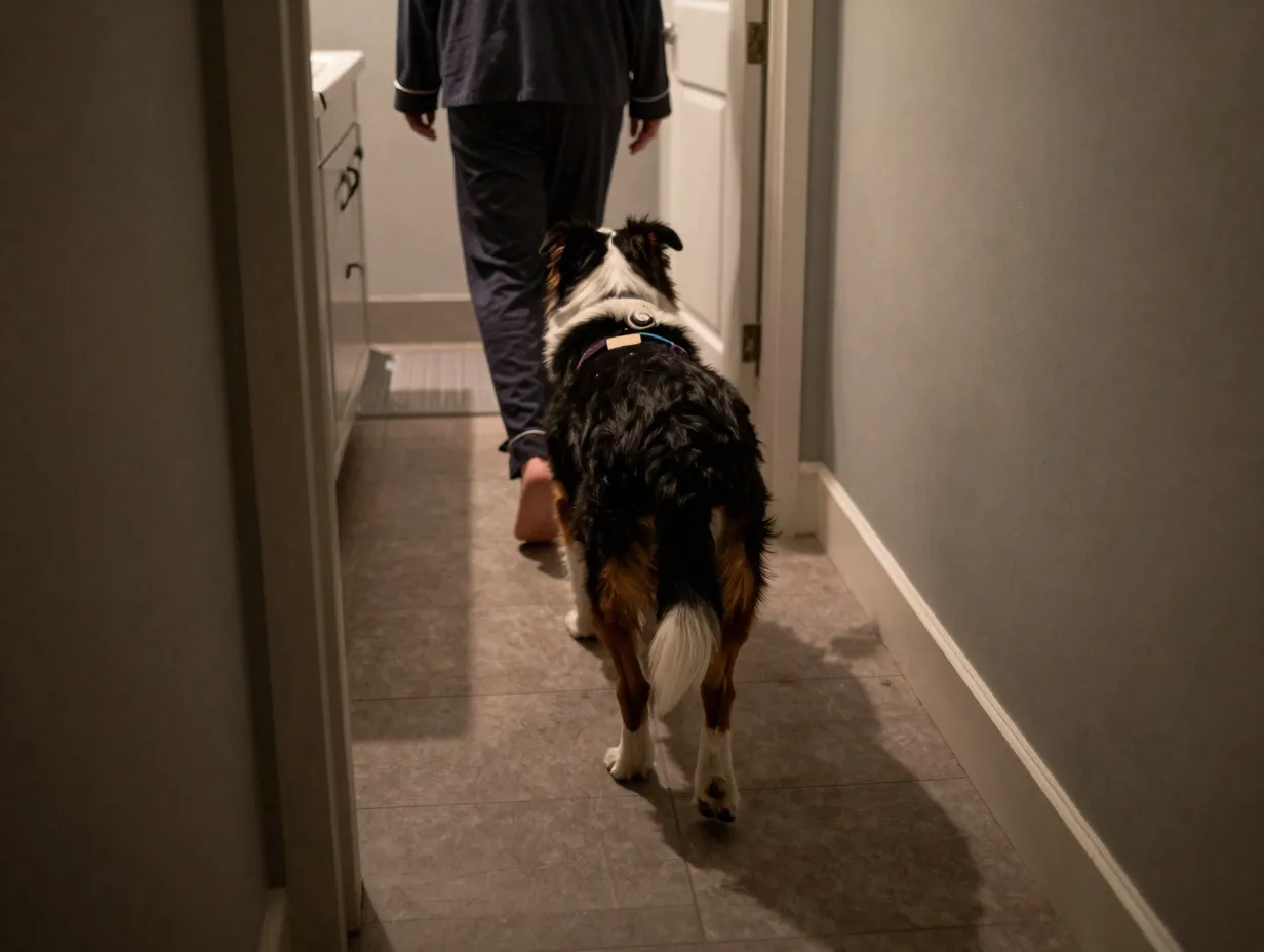 Velcro dog follows owner into bathroom at night