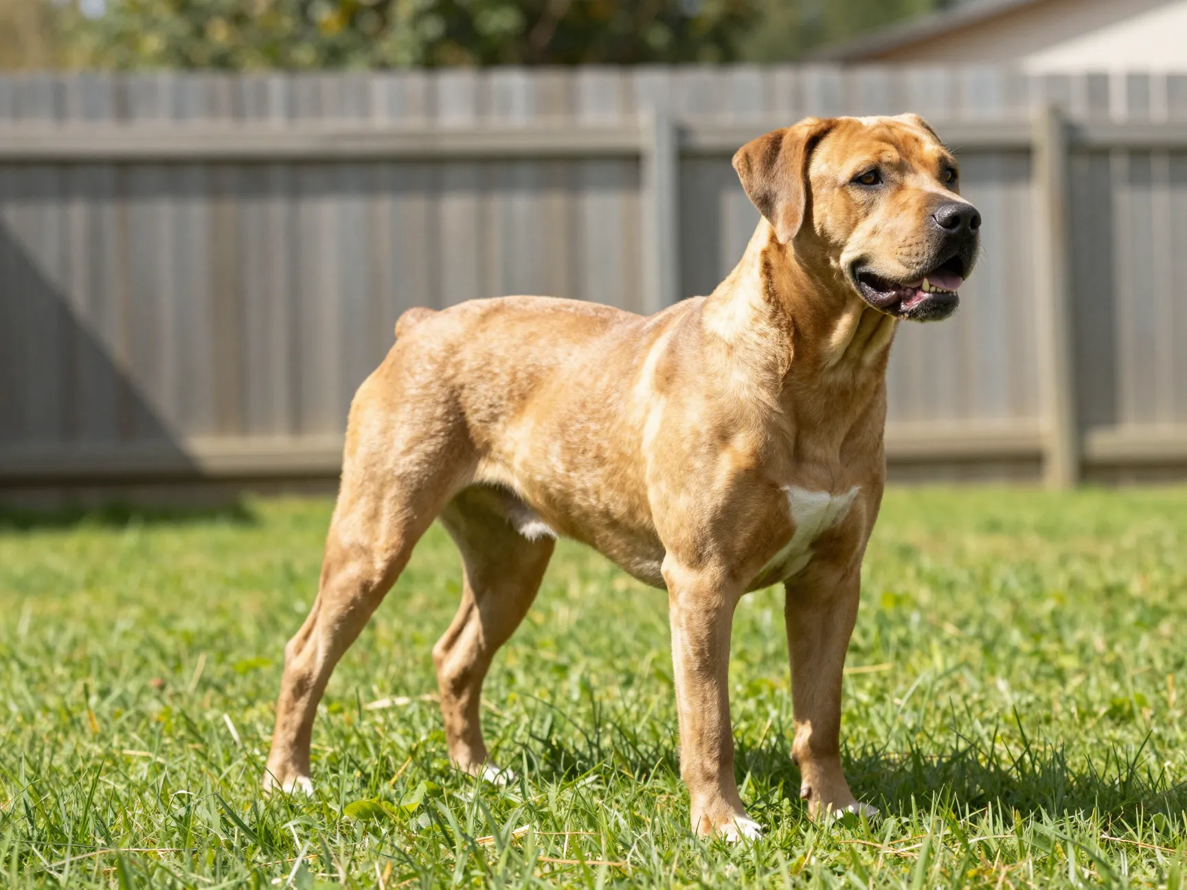 Muscular athletic labrabull dog standing in a sunny backyard