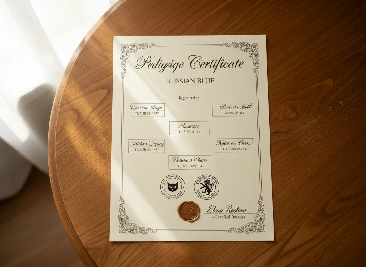 Signed pedigree certificate document for russian blue kitten lineage