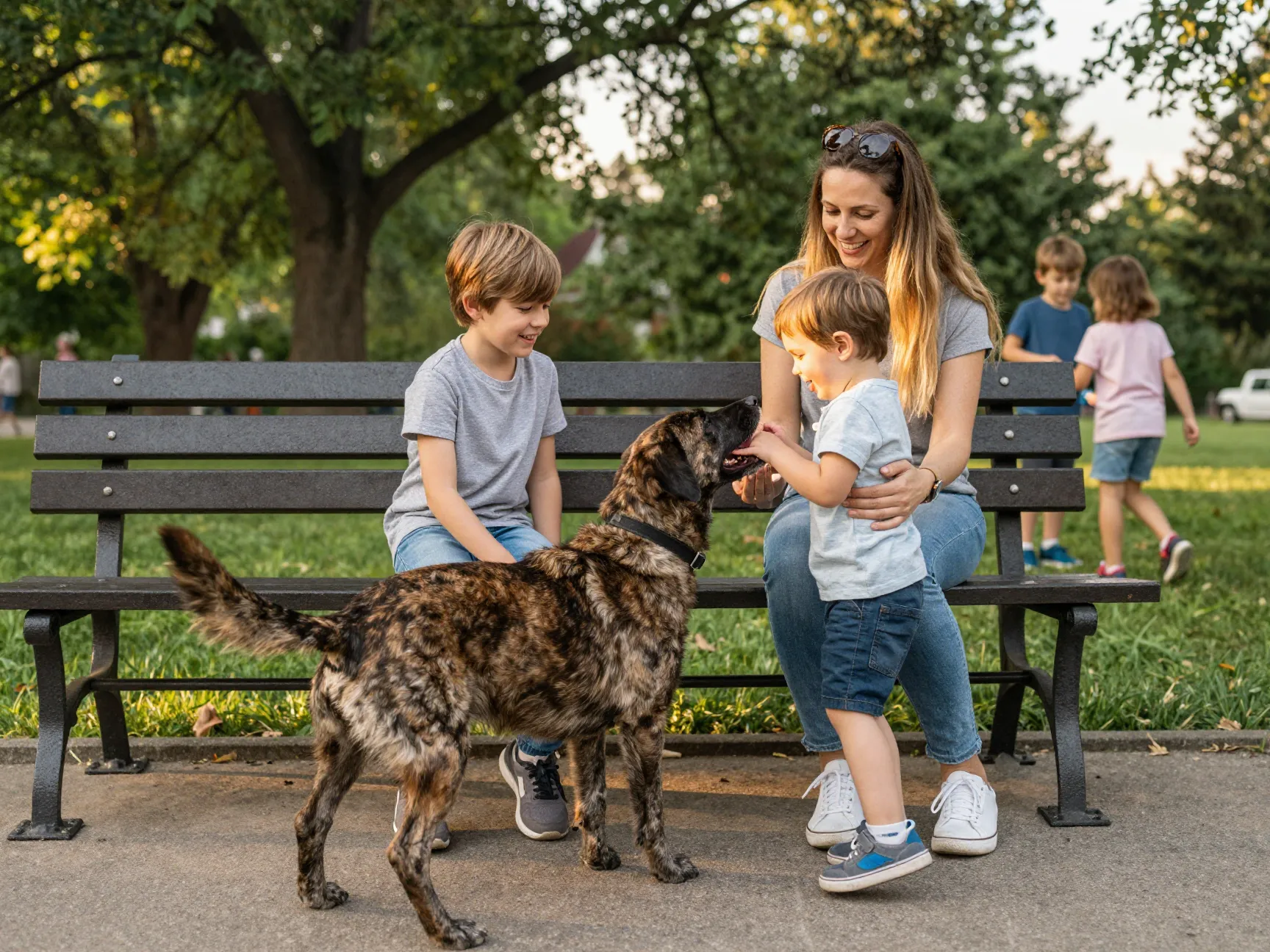Affectionate labrabull dog greeting smiling family on a park bench