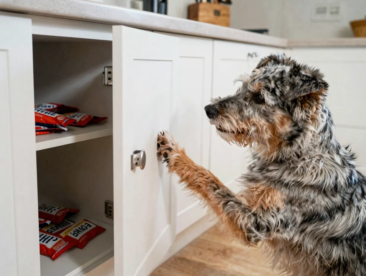 Intelligent dog opens treat cupboard
