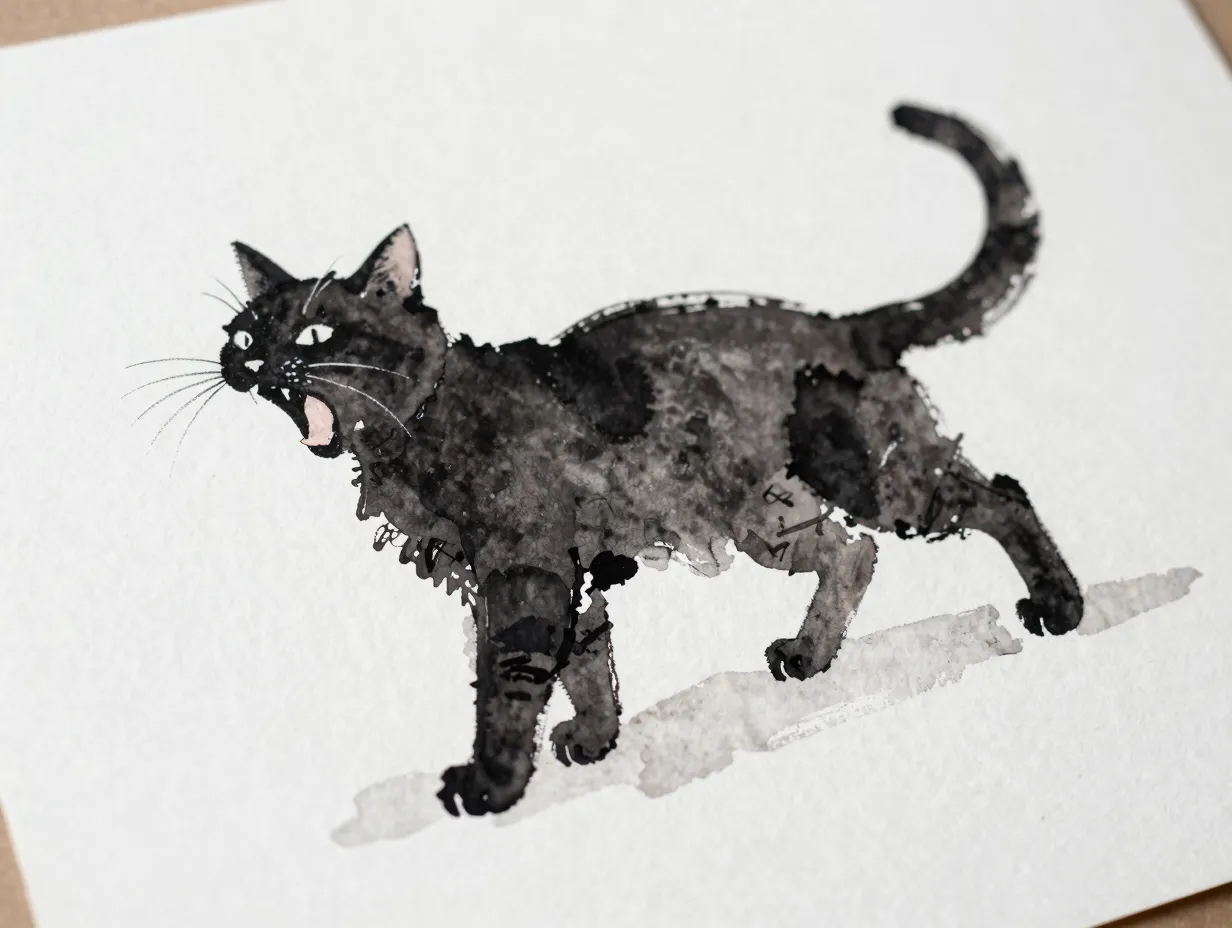 Loose black watercolor cat sketch on white textured paper