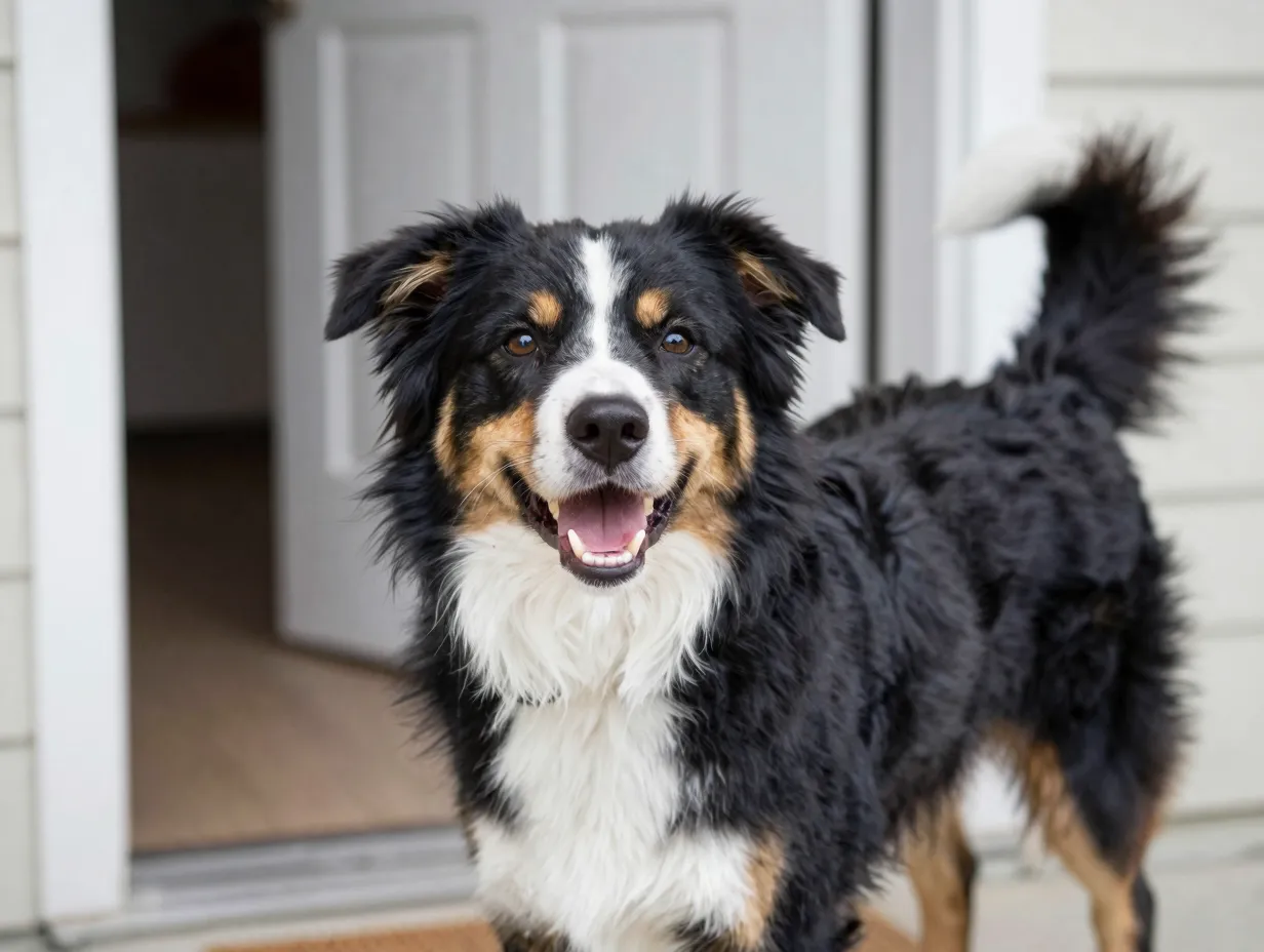 Dog displays submissive grin with wagging tail