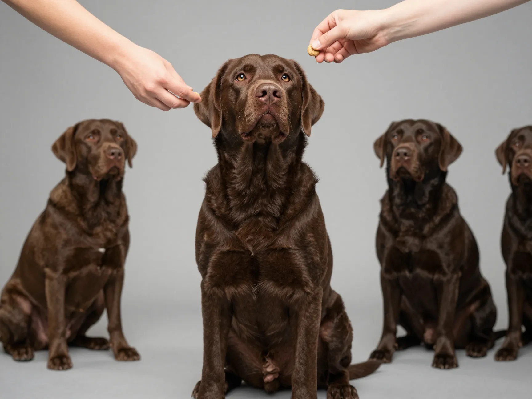 Food motivated labrabull dog performing sit command for treats