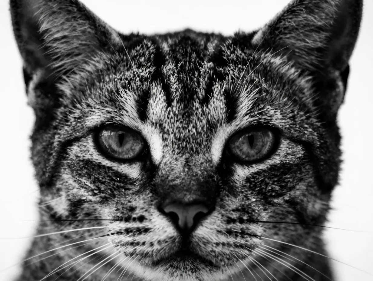 High contrast black and white close up photograph of cat face