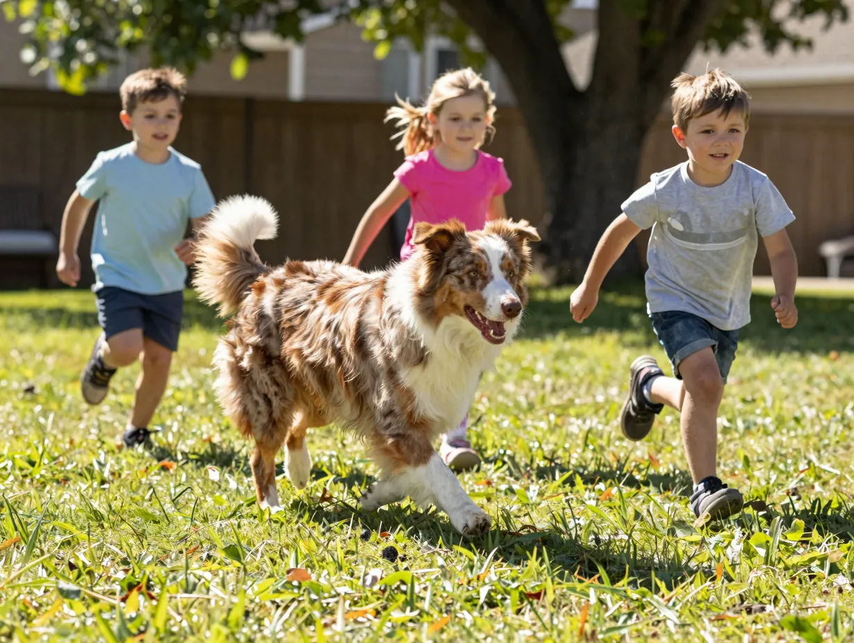 Dog herds children in backyard