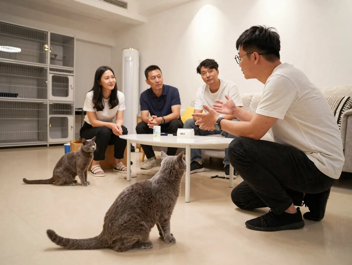 Prospective buyer visiting breeders clean home meeting cat parents
