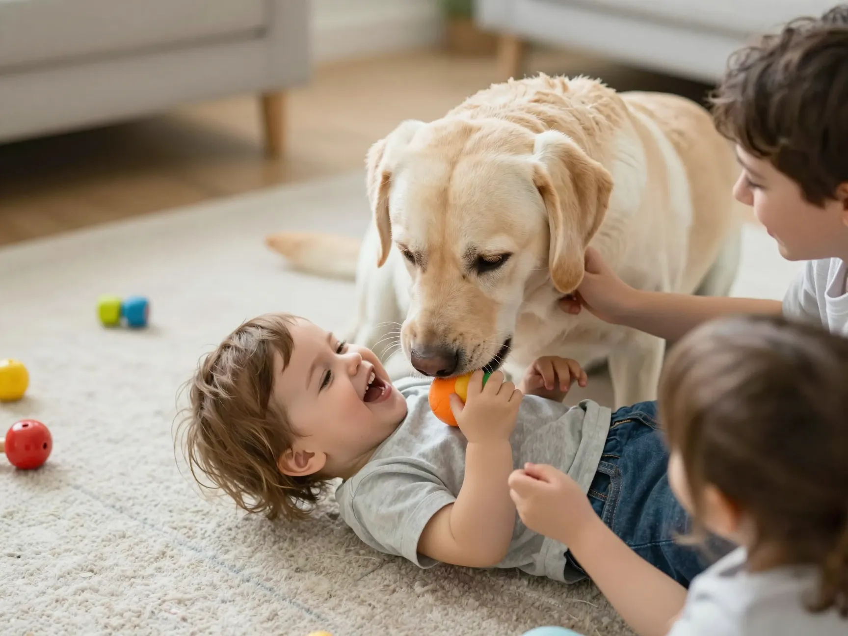 Social labrabull dog playing gently with a small child on a carpet
