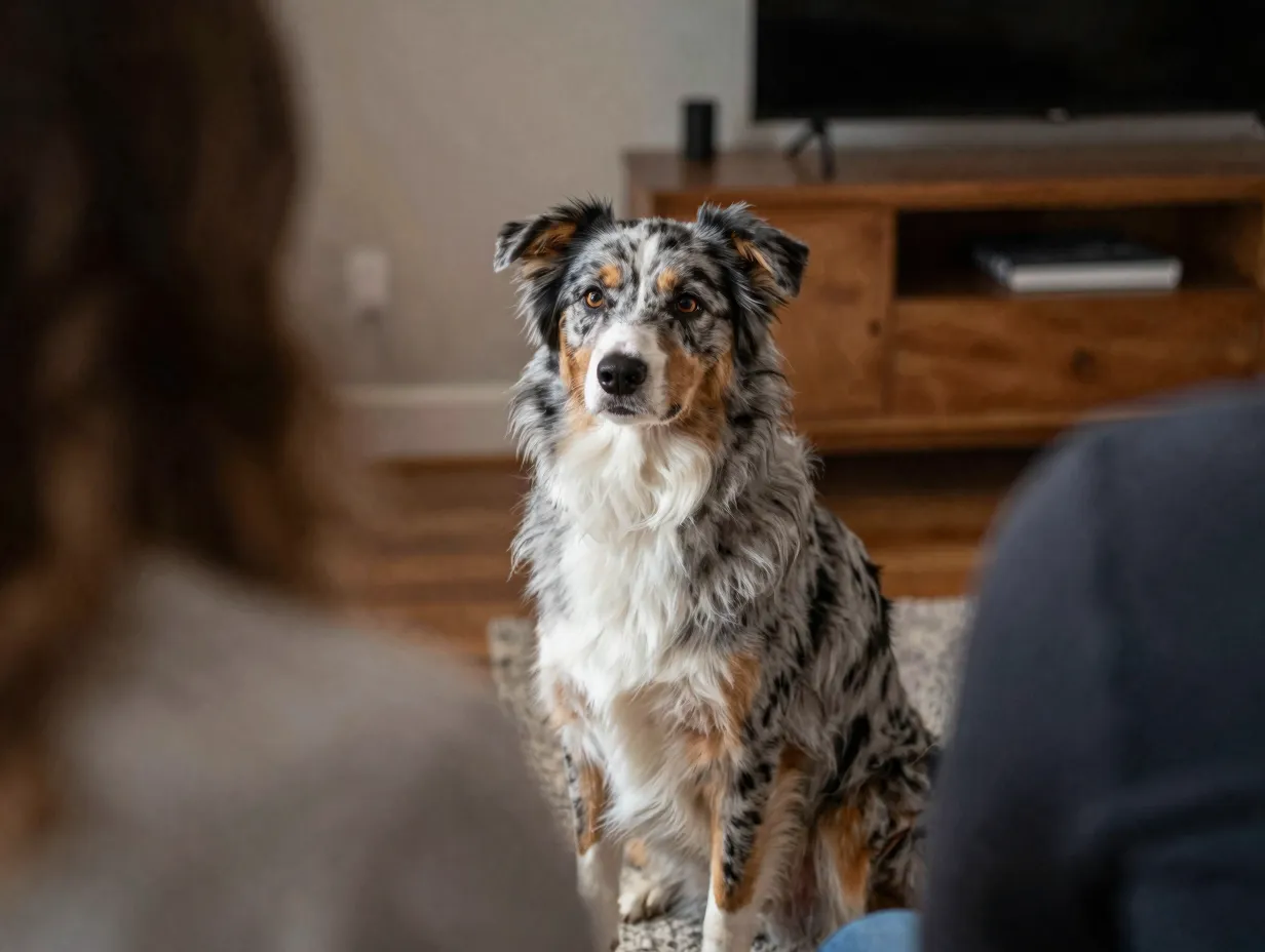 Dog watches stranger from distance