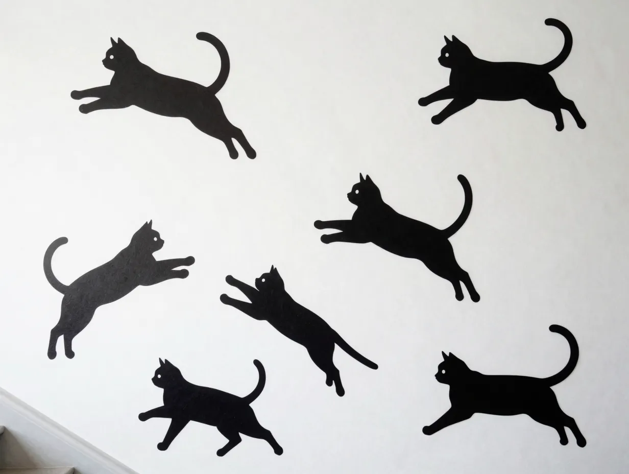 Dynamic scatter pattern of black cat silhouettes leaping and pouncing