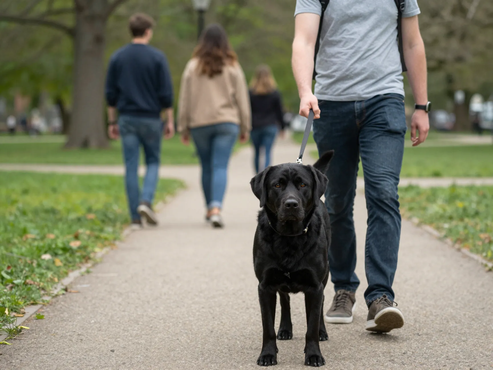 Responsible owner holding leash of a calm labrabull dog at park