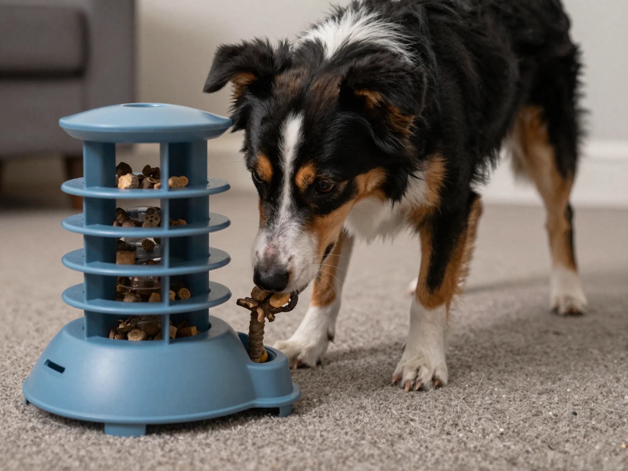 Dog interacts with puzzle feeder on floor