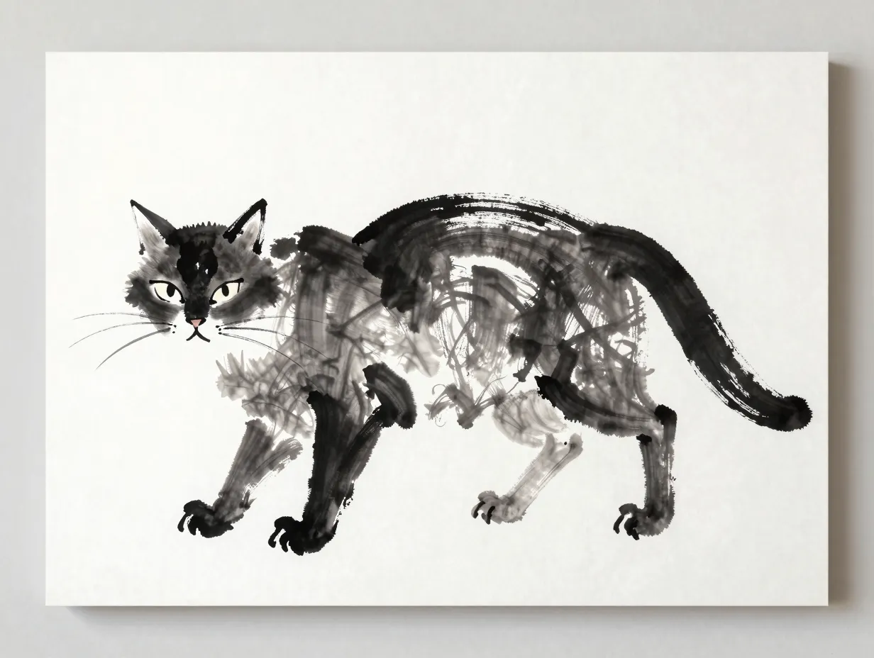 Japanese sumi e ink brush painting of a cat with fluid strokes
