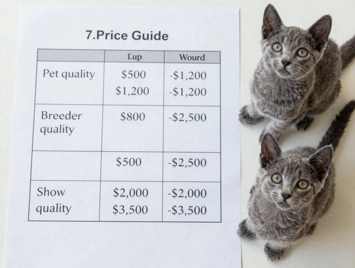 Price guide table for russian blue kittens with quality categories