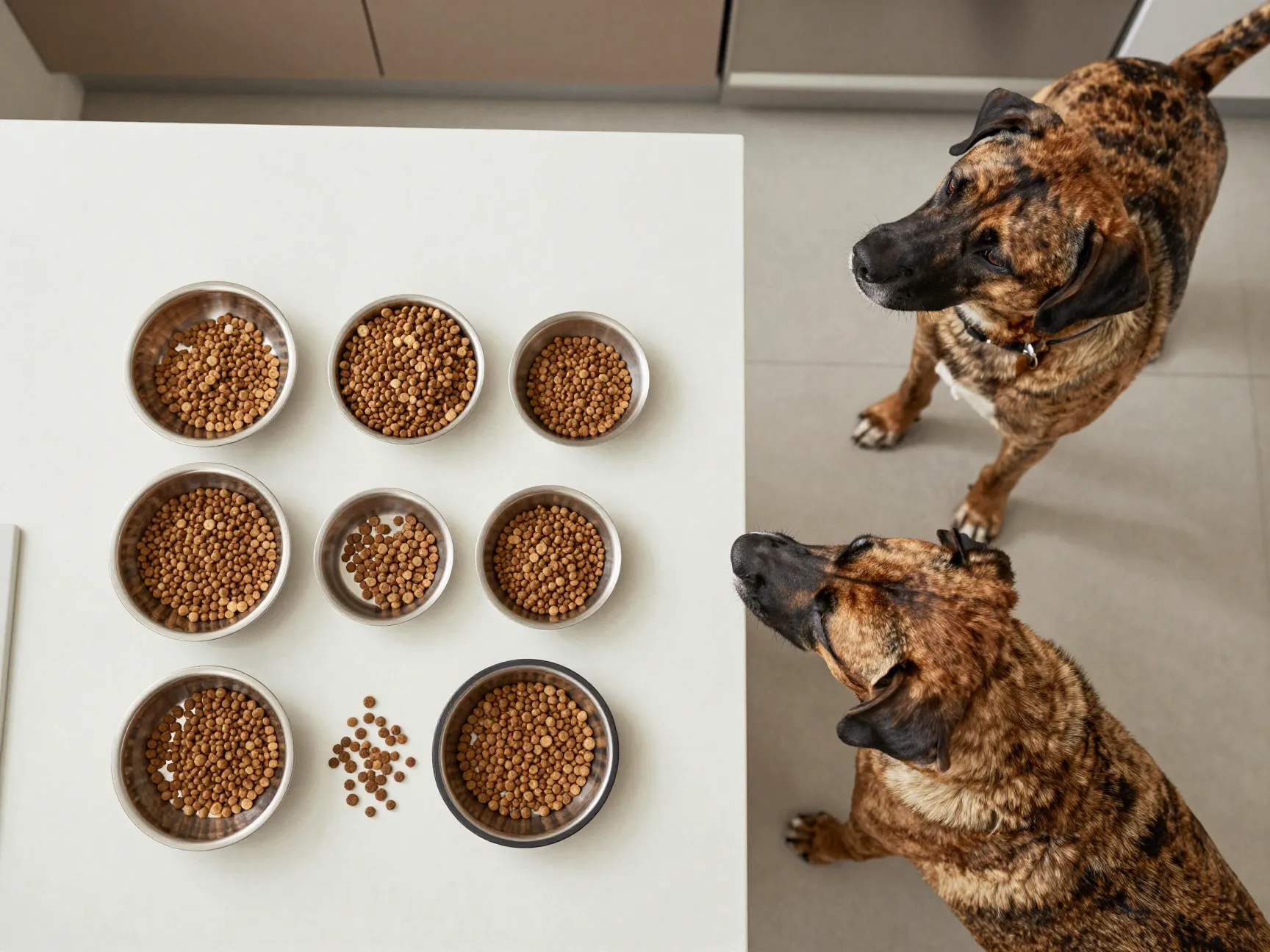 Portion controlled meal for a fit labrabull dog in a kitchen