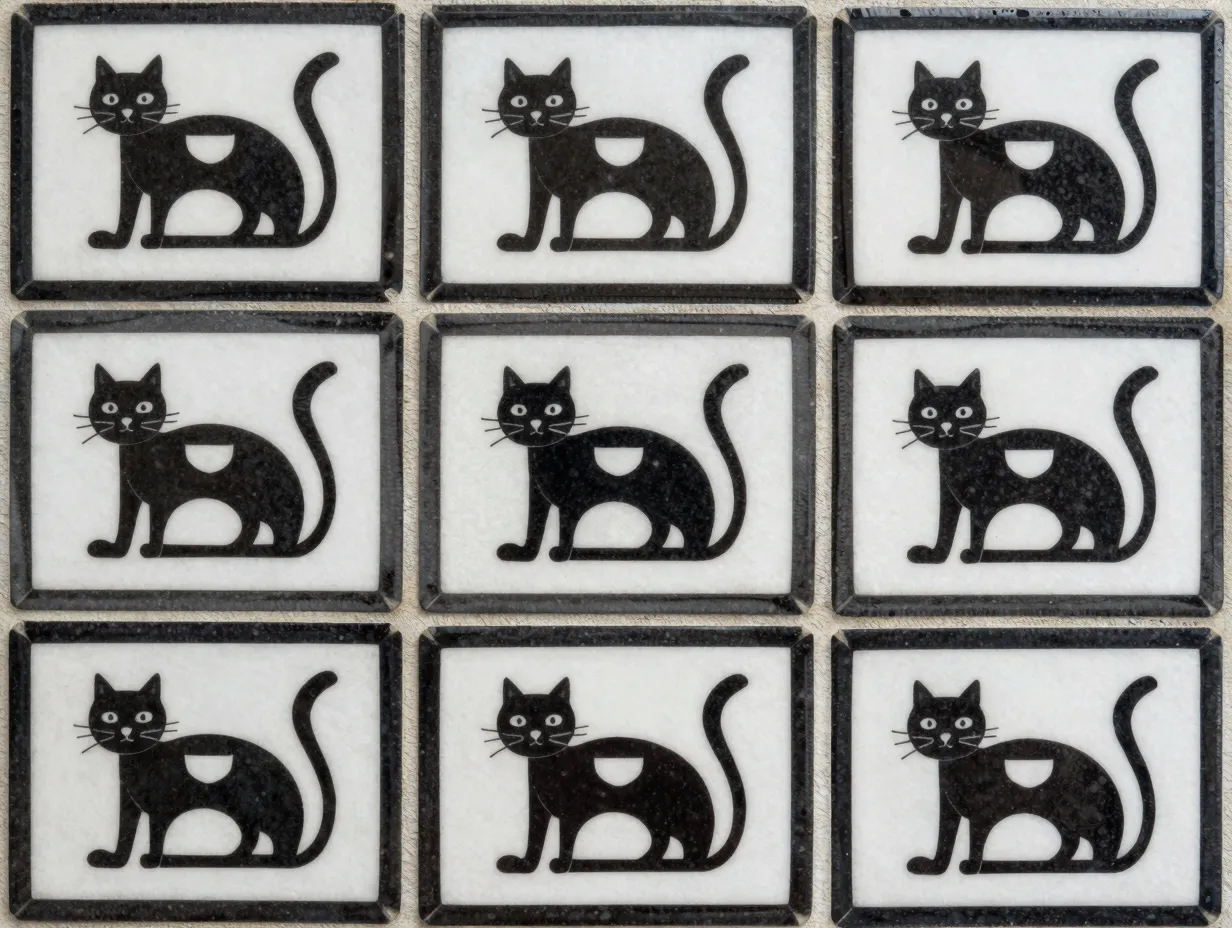 Geometric tiled mosaic pattern with repeating black and white cat motif