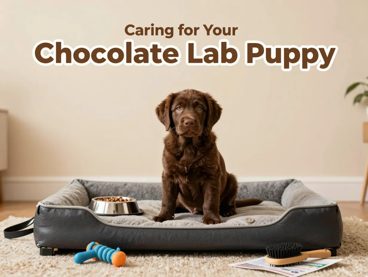 Chocolate lab puppy care bed essential items grooming brush bowl
