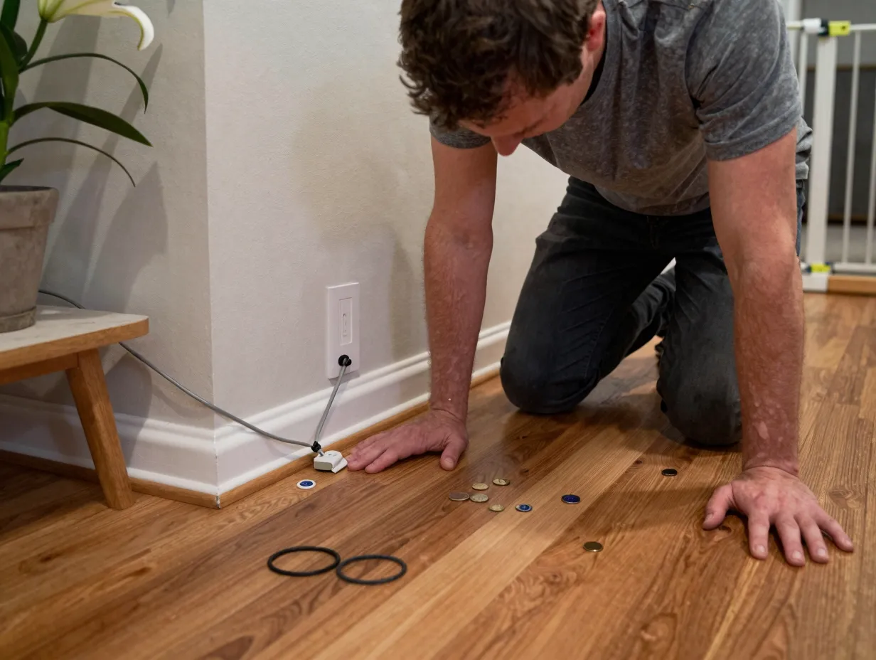 An adult performing puppy proofing by examining hazards from a childs eye level
