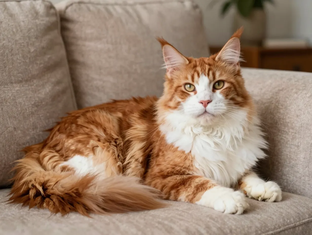 Large maine coon red tabby with white cat lounging on cozy living room sofa