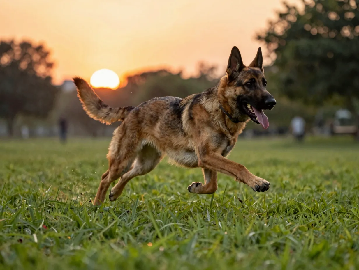 Malinois shepherd hybrid sprinting through a grassy park at sunset