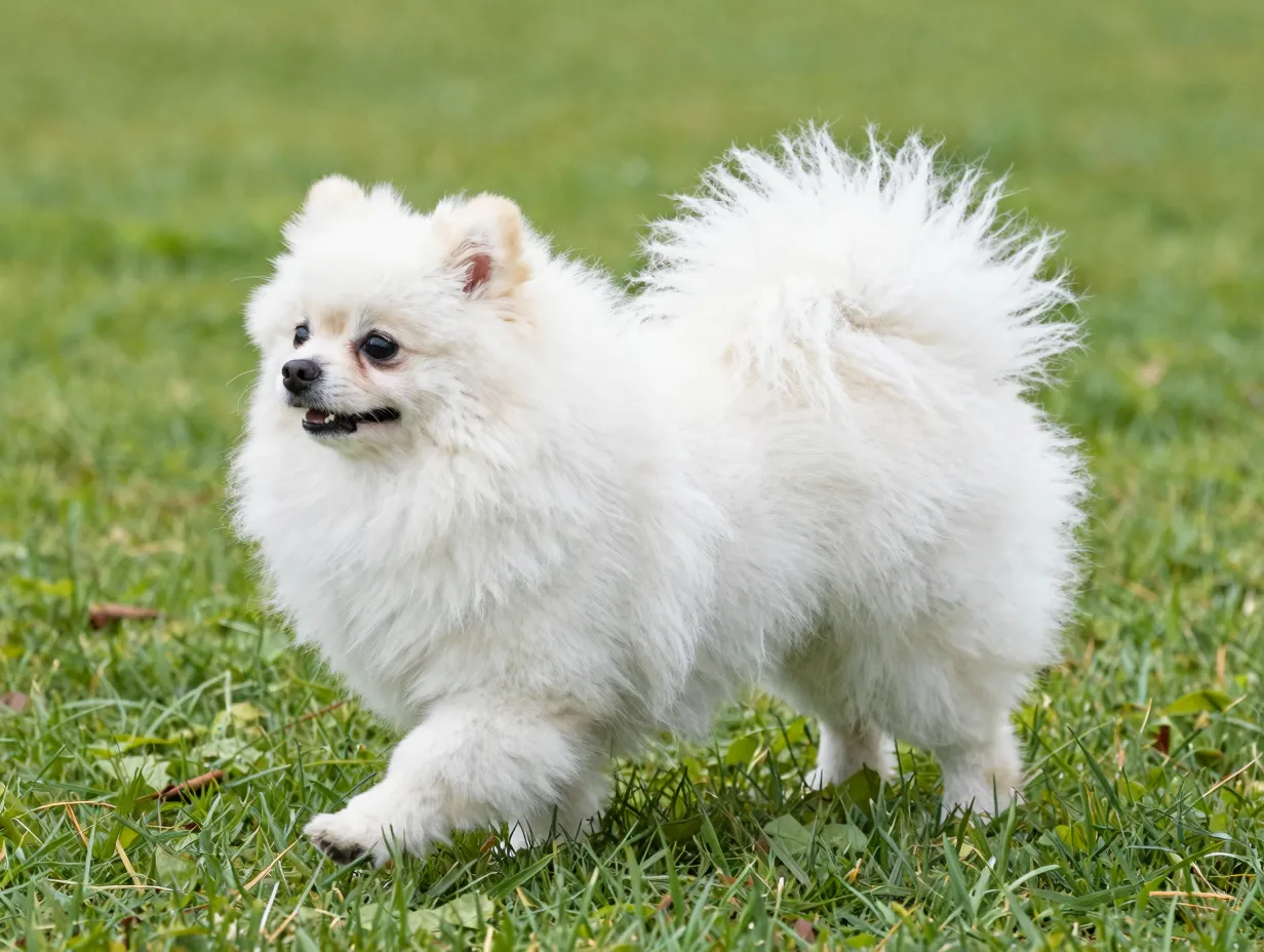 Pomeranian fluffy cloud walking on bright green grass