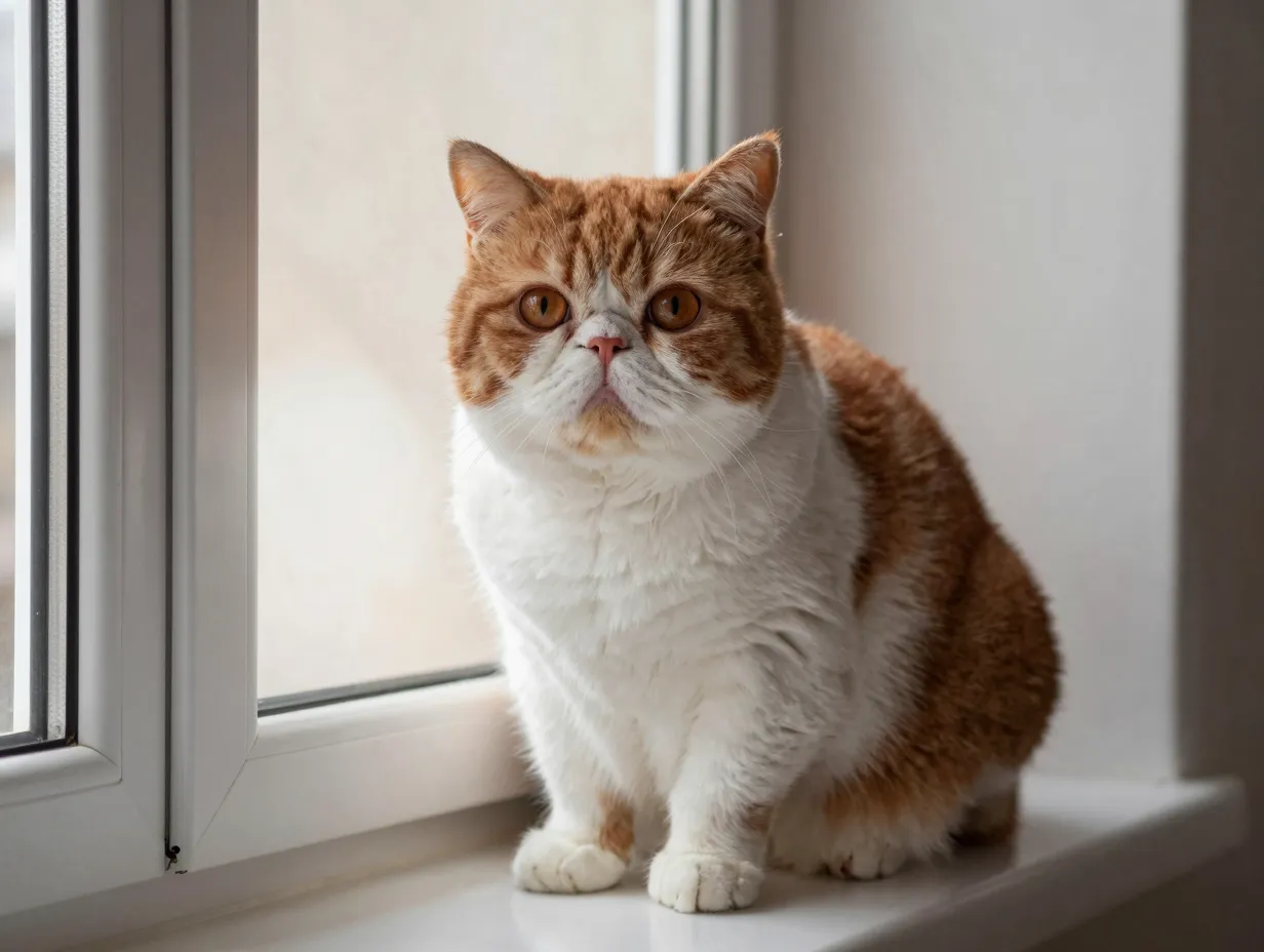 Exotic shorthair red tabby and white cat with round face on windowsill