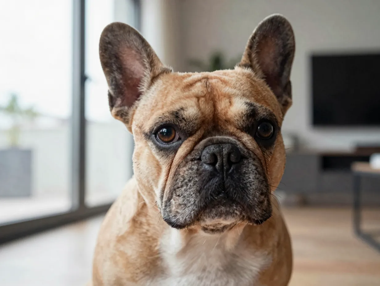 French bulldog with bat ears contemplating in modern apartment