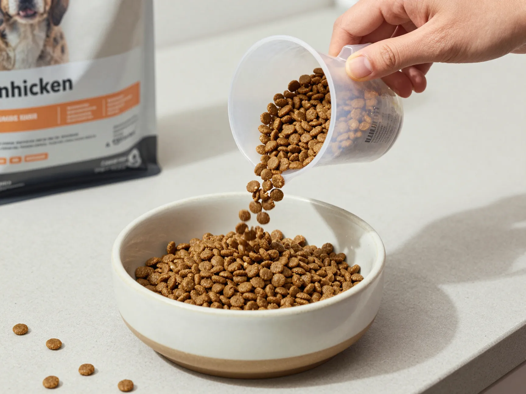A measured portion of large breed puppy food being poured into a ceramic bowl