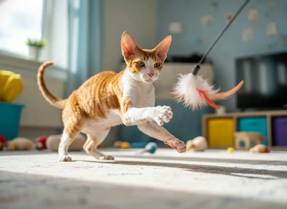 Cornish rex red and white bicolor cat playing with toy on carpet