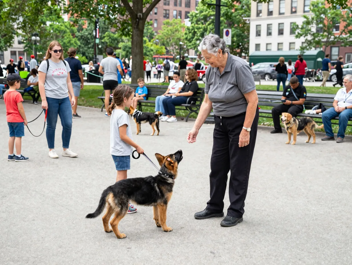 Puppy socialization with diverse people in a busy urban park