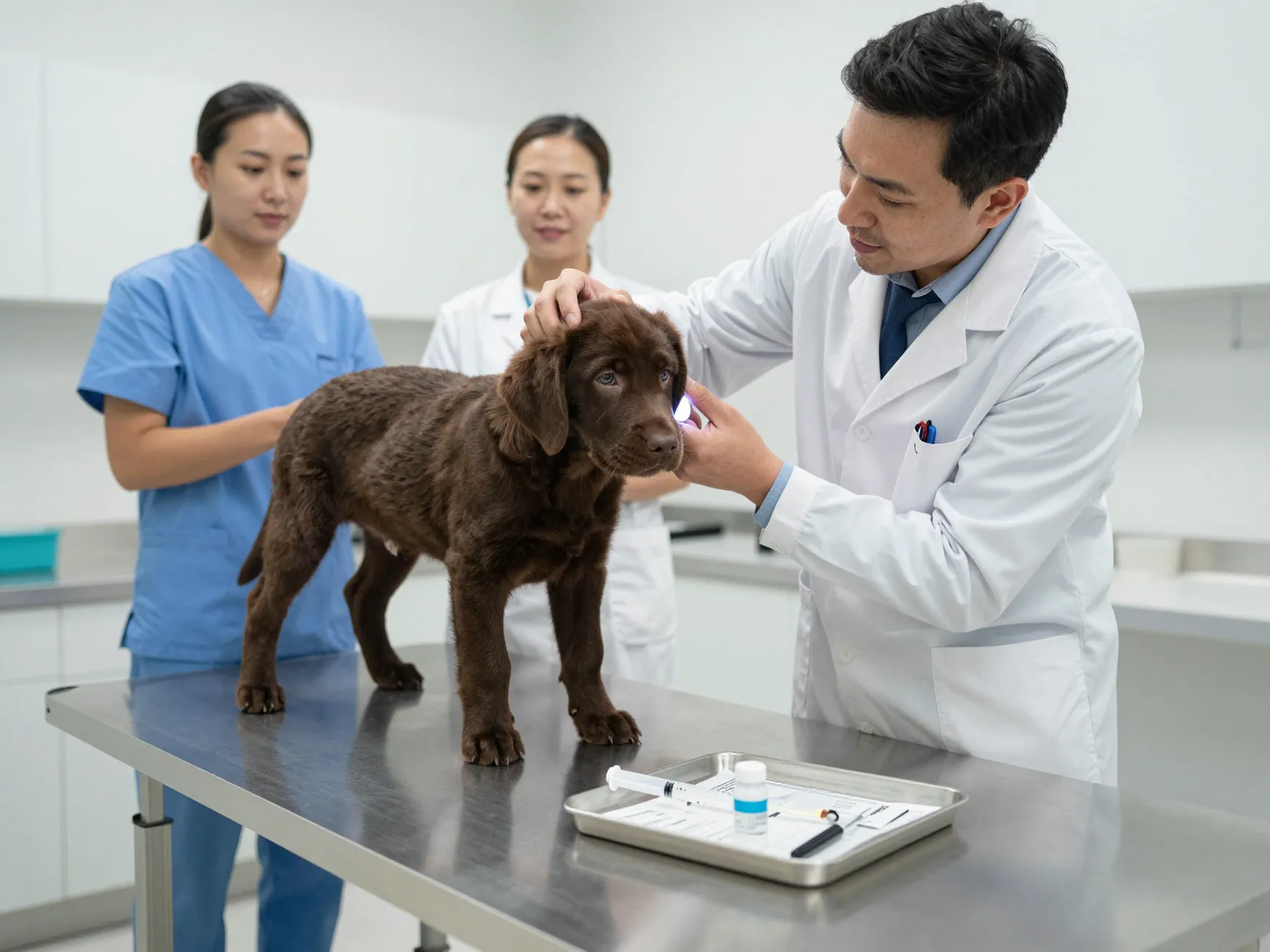 A veterinarian examining a chocolate lab puppy on a clinic table