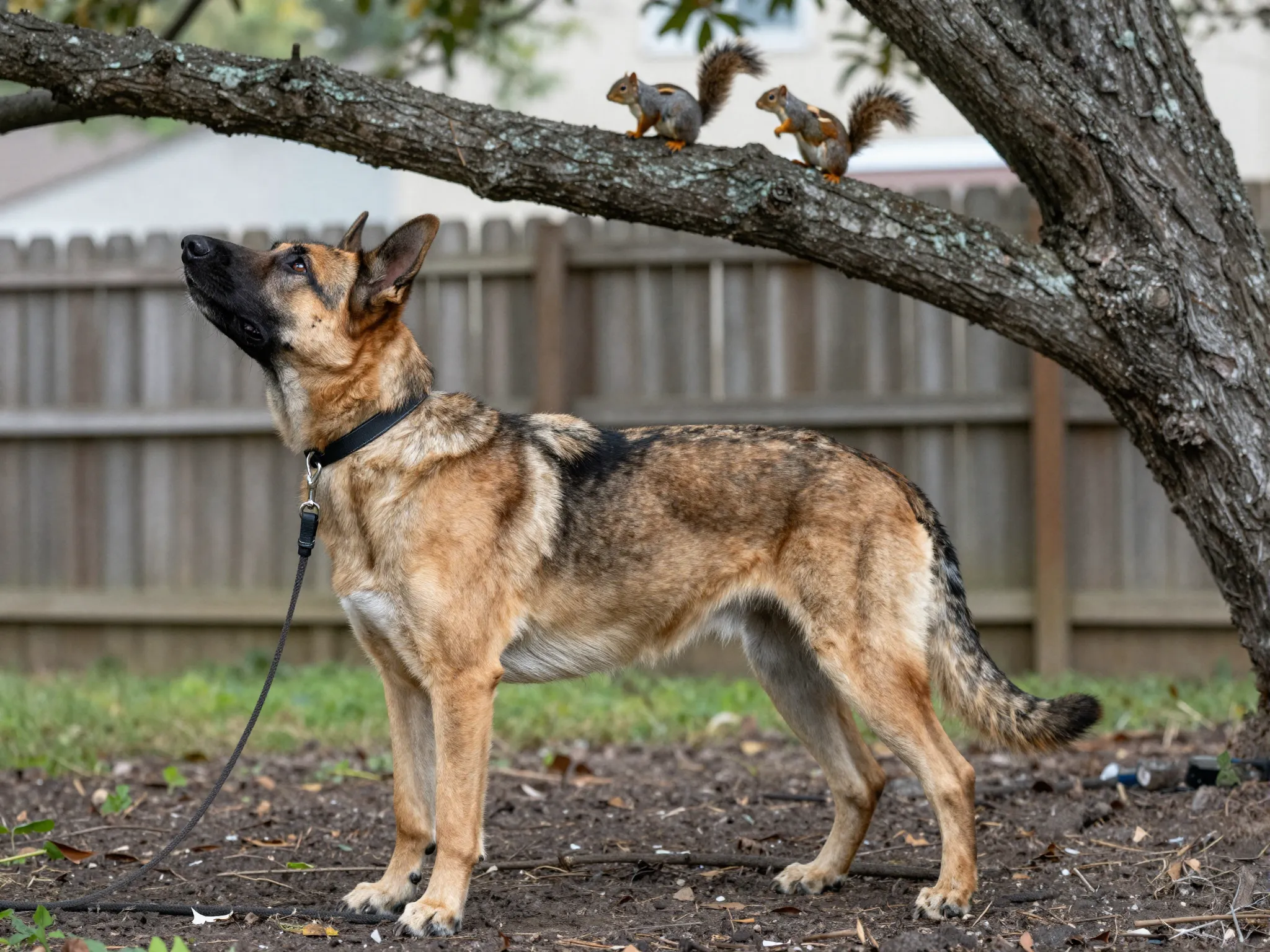 Adult hybrid dog fixated on a squirrel in a backyard tree