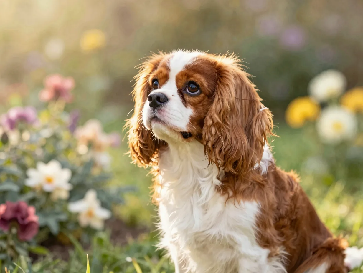 Cavalier king charles spaniel with soulful eyes in garden