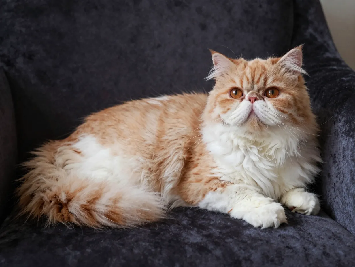 Longhaired orange and white persian cat resting on velvet cushion