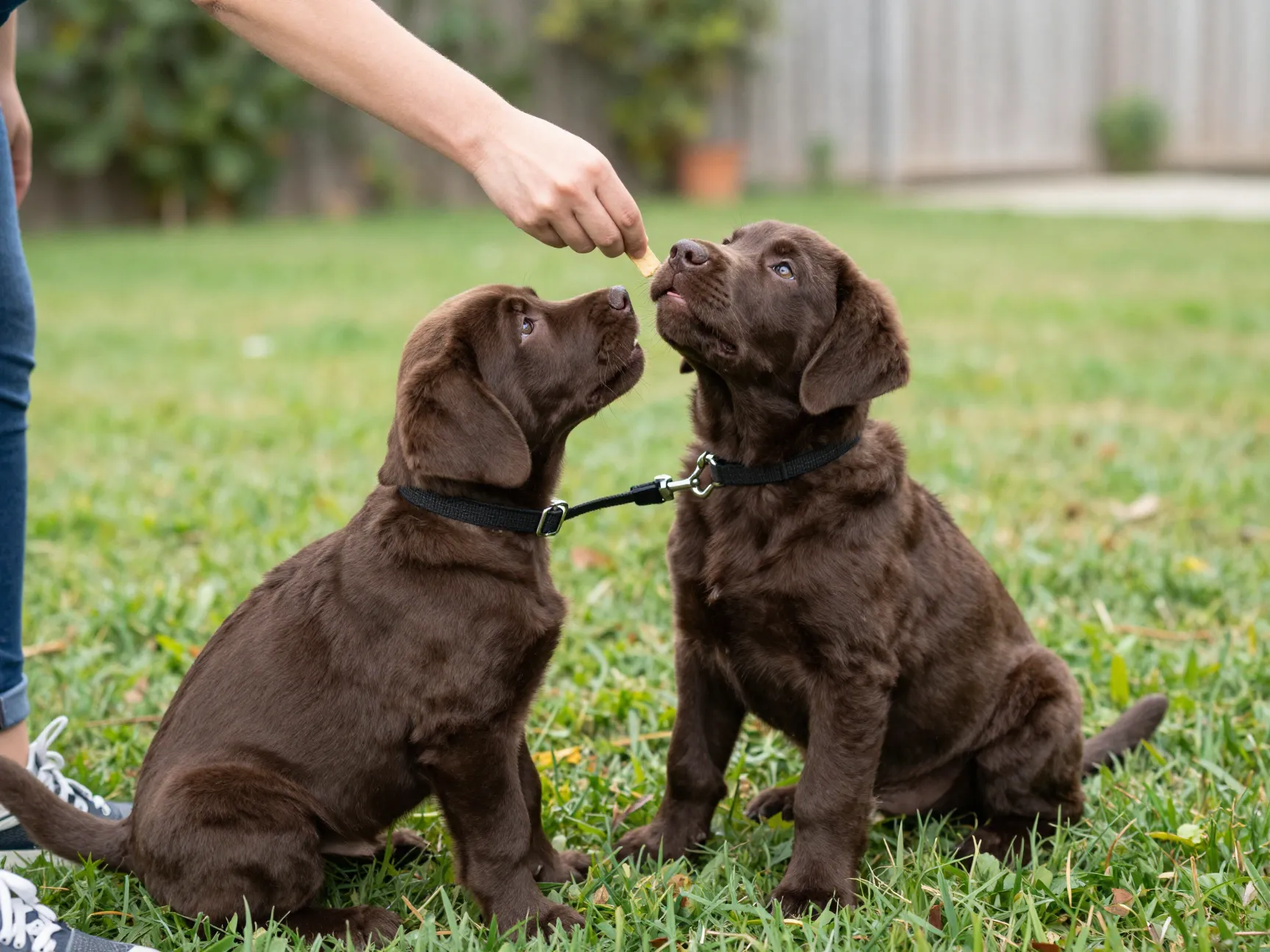 A person training a chocolate lab puppy with a treat for the sit command