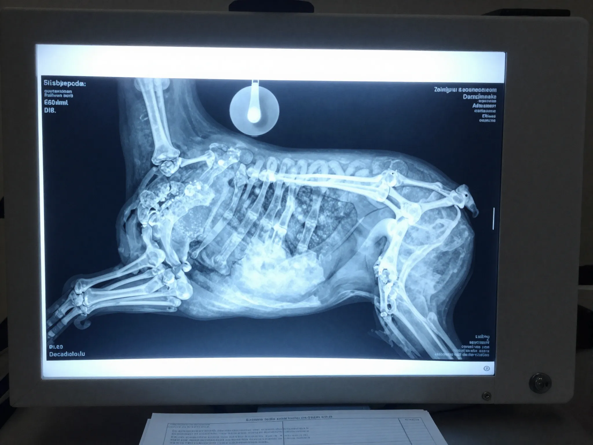 Veterinary x ray showing canine hip dysplasia on a lightbox