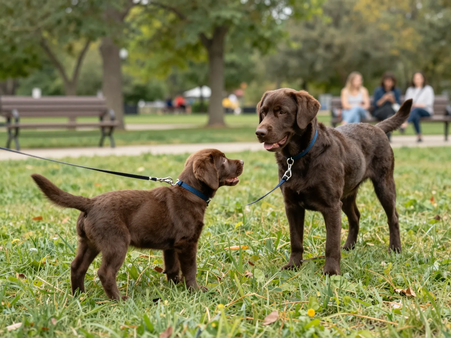 A chocolate lab puppy meeting a friendly vaccinated dog in a park