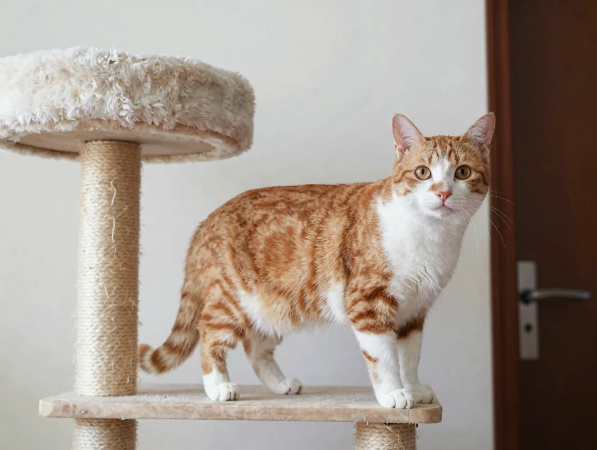 American shorthair orange tabby and white cat on sturdy scratching post