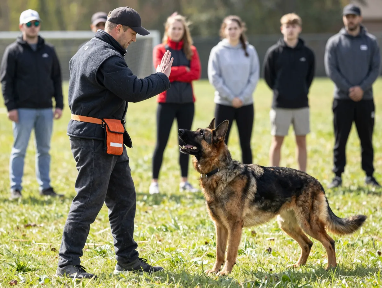 Owner and hybrid dog practicing advanced obedience commands outdoors