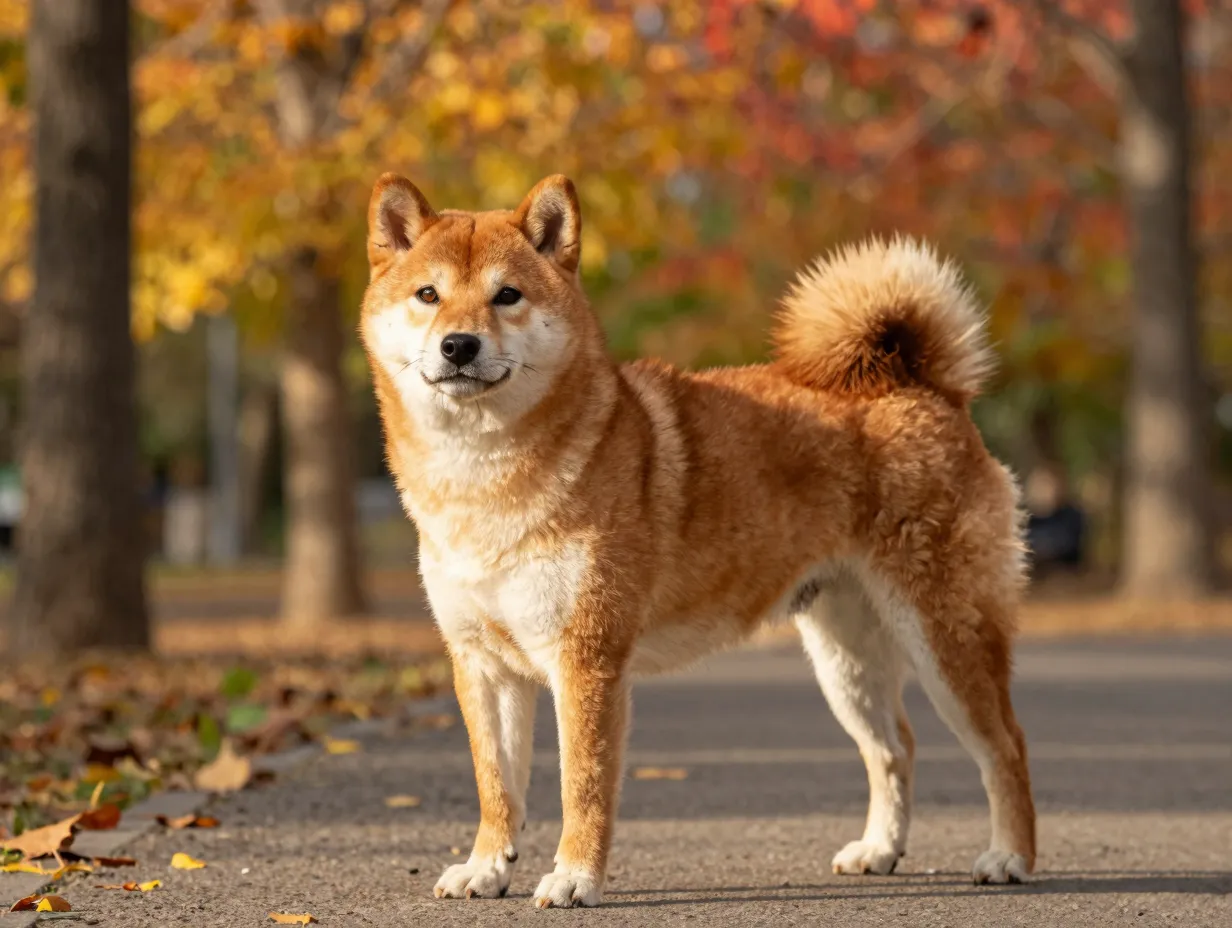 Shiba inu fox like dog alert in autumn park