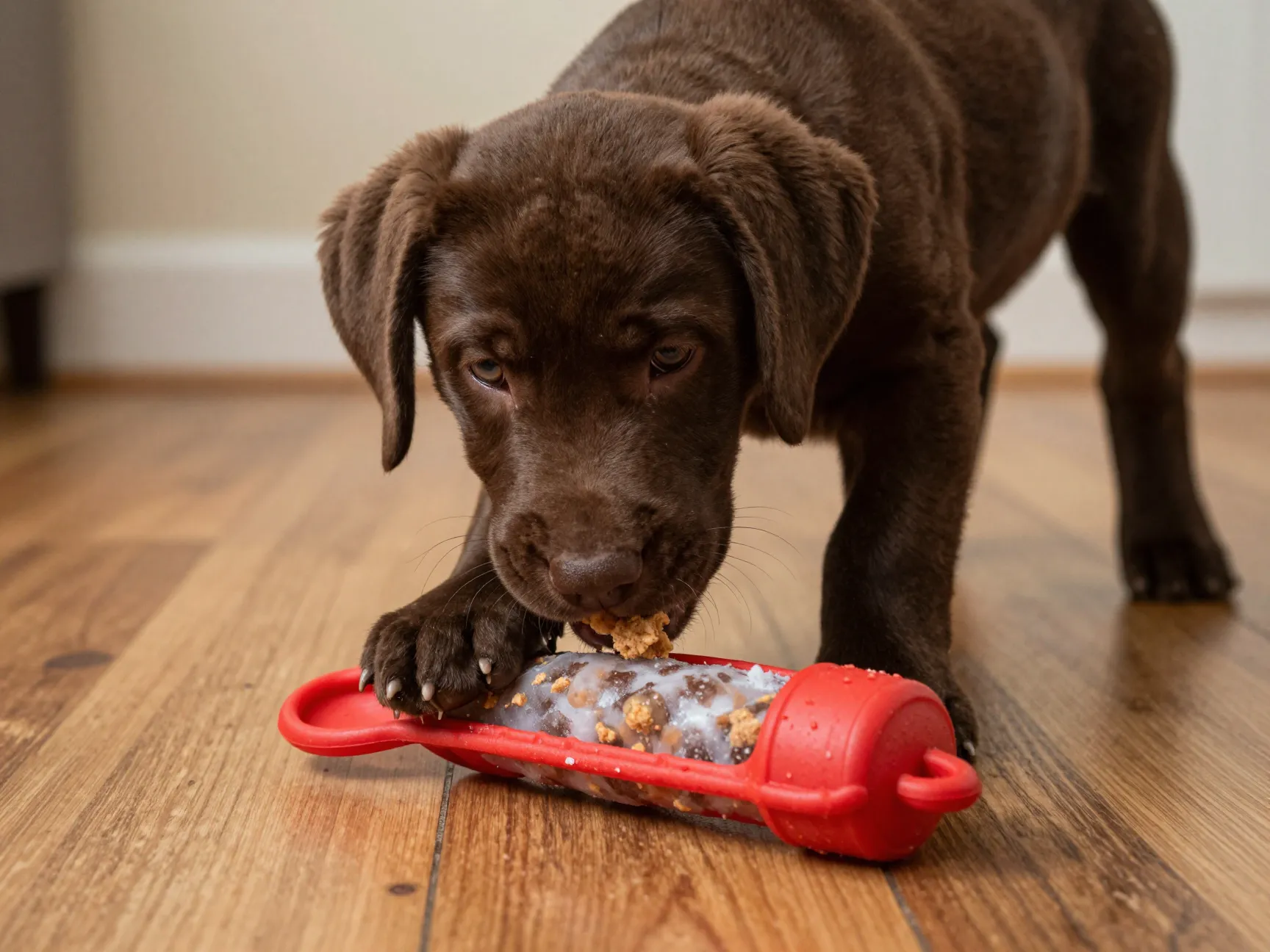 A chocolate lab puppy playing with a frozen kong stuffed with food