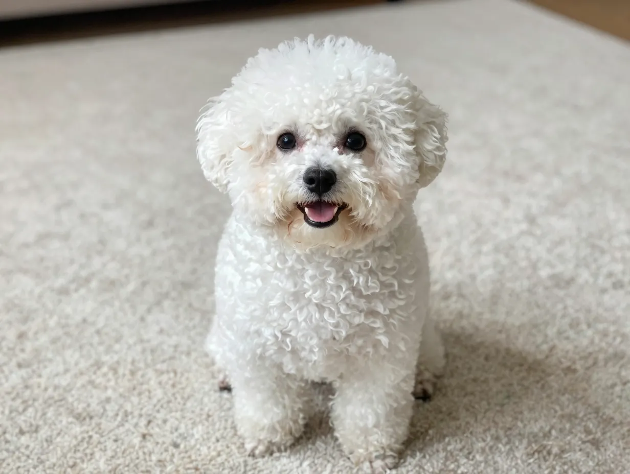 Bichon frise white cotton ball dog on plush carpet