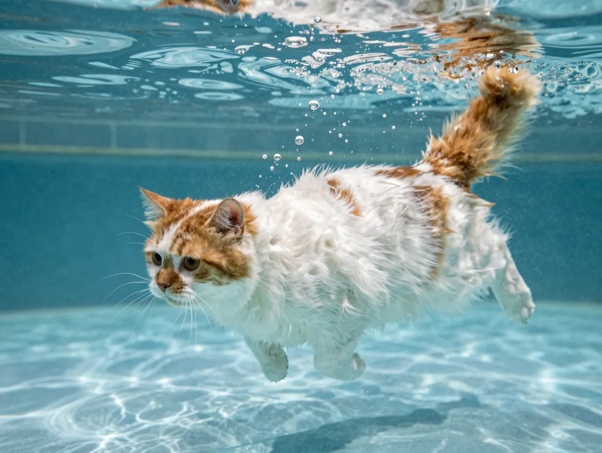 Turkish van cat with orange head and tail swimming in clear pool